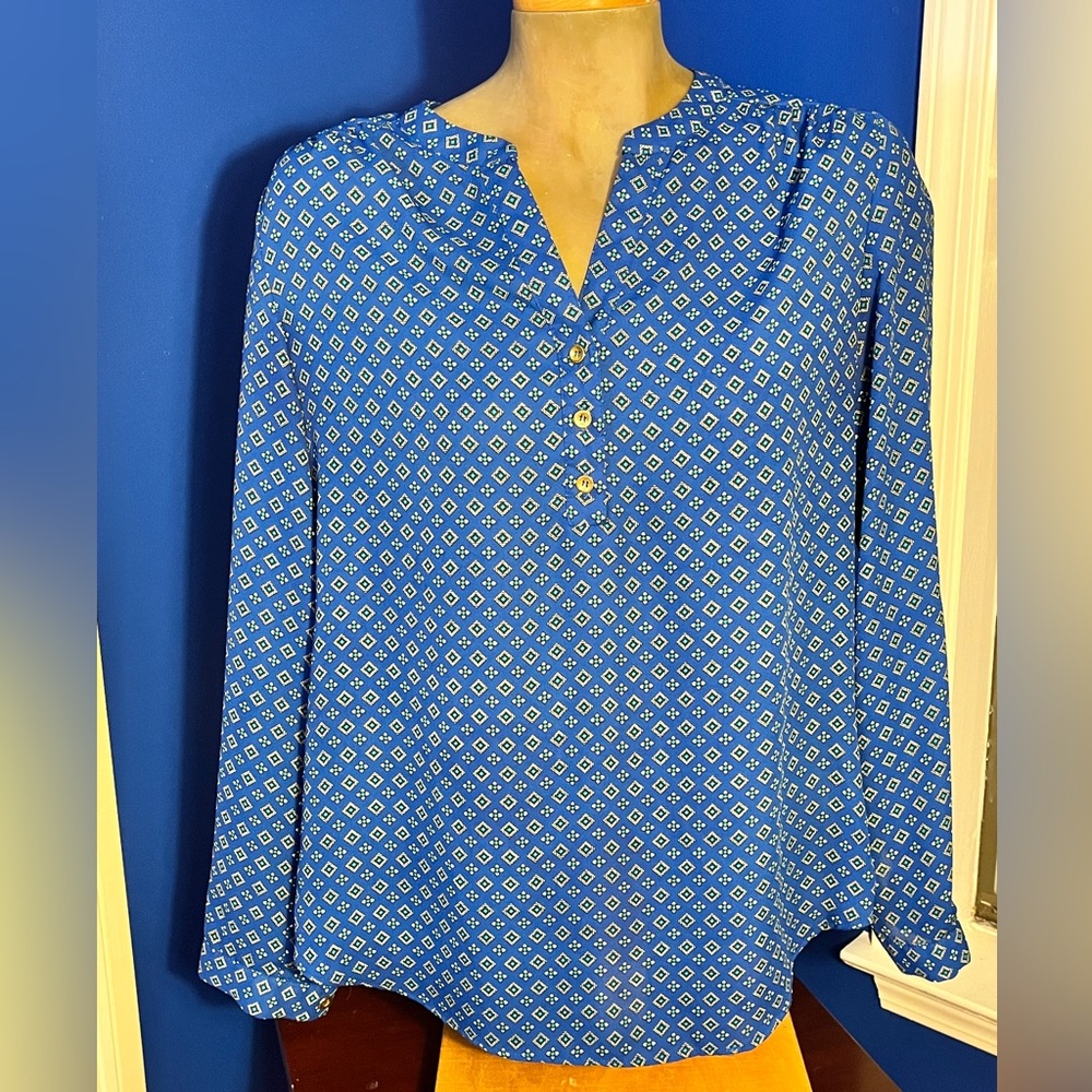 Christin Michaels blouse, small, EUC, bright blue, gold buttons